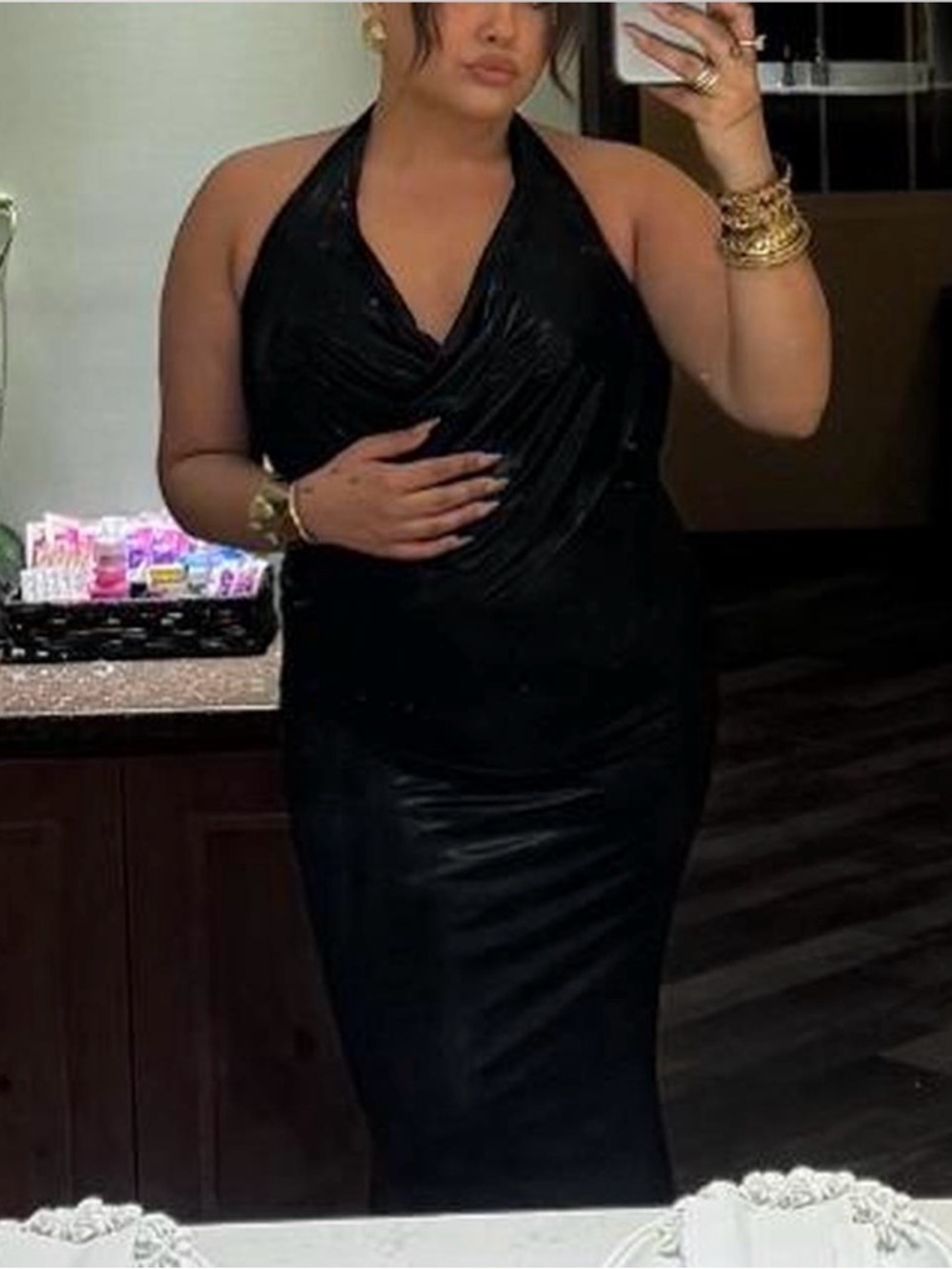 Black Halter Draped Bodycon Dress - Women